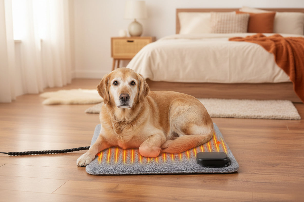 Heated dog mat with a cat lying on it and a close-up of the heating element.
