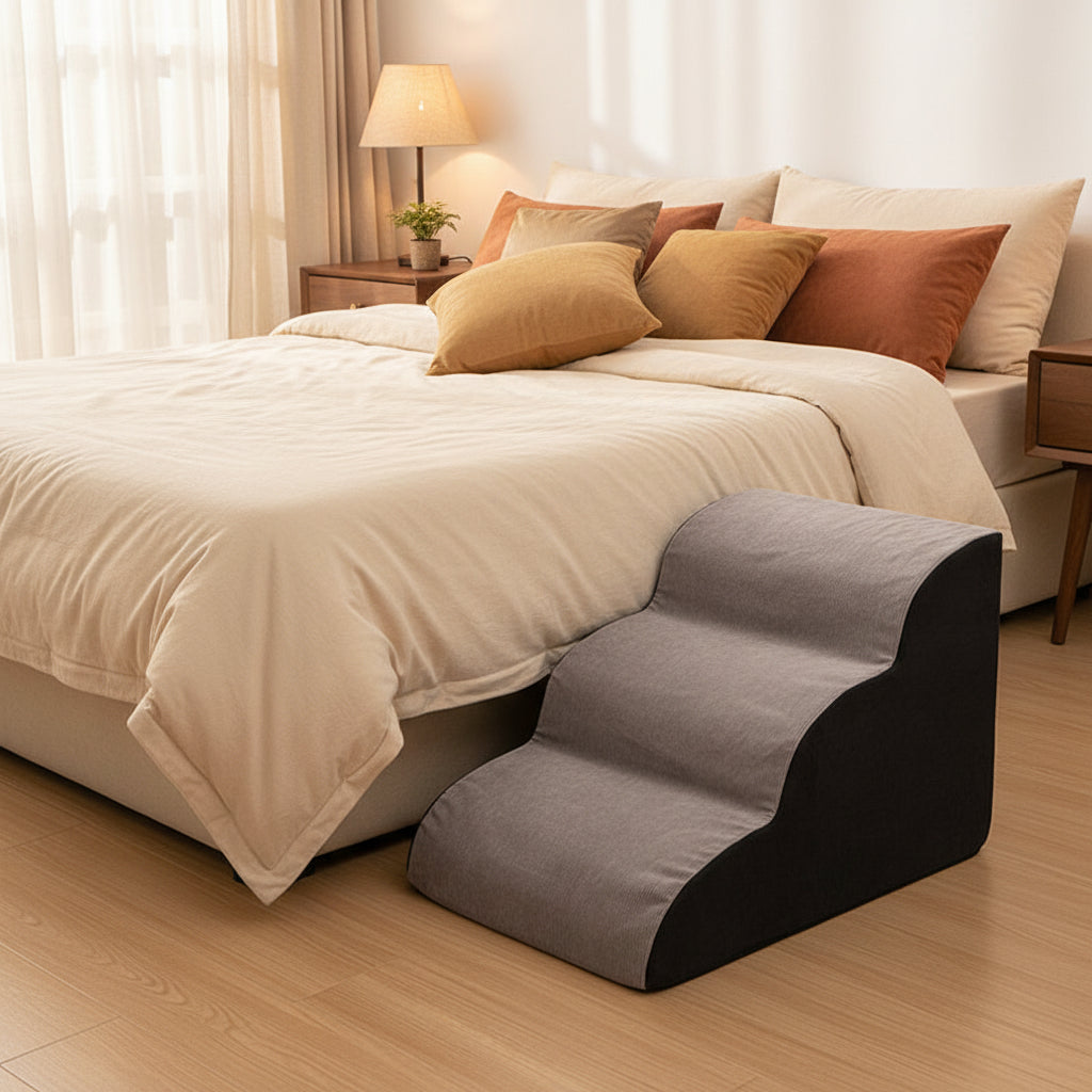 Person using a footrest in a home setting with a couch and window in the background