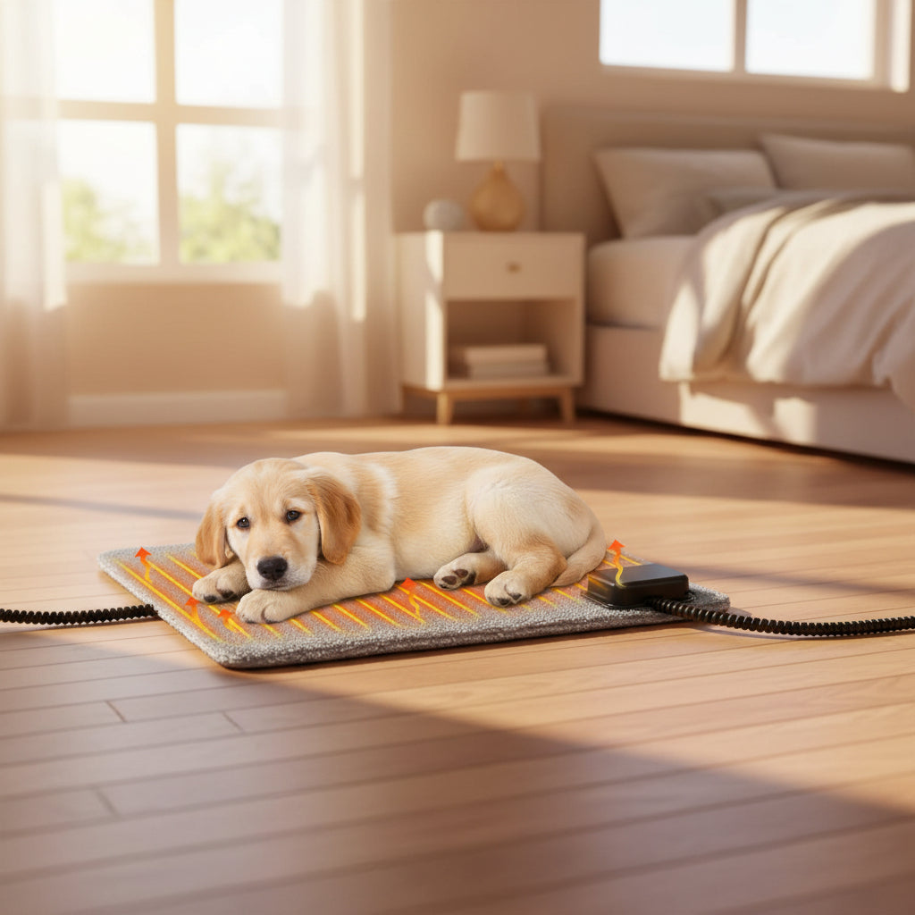 Heated dog mat with a cat lying on it and a close-up of the heating element.