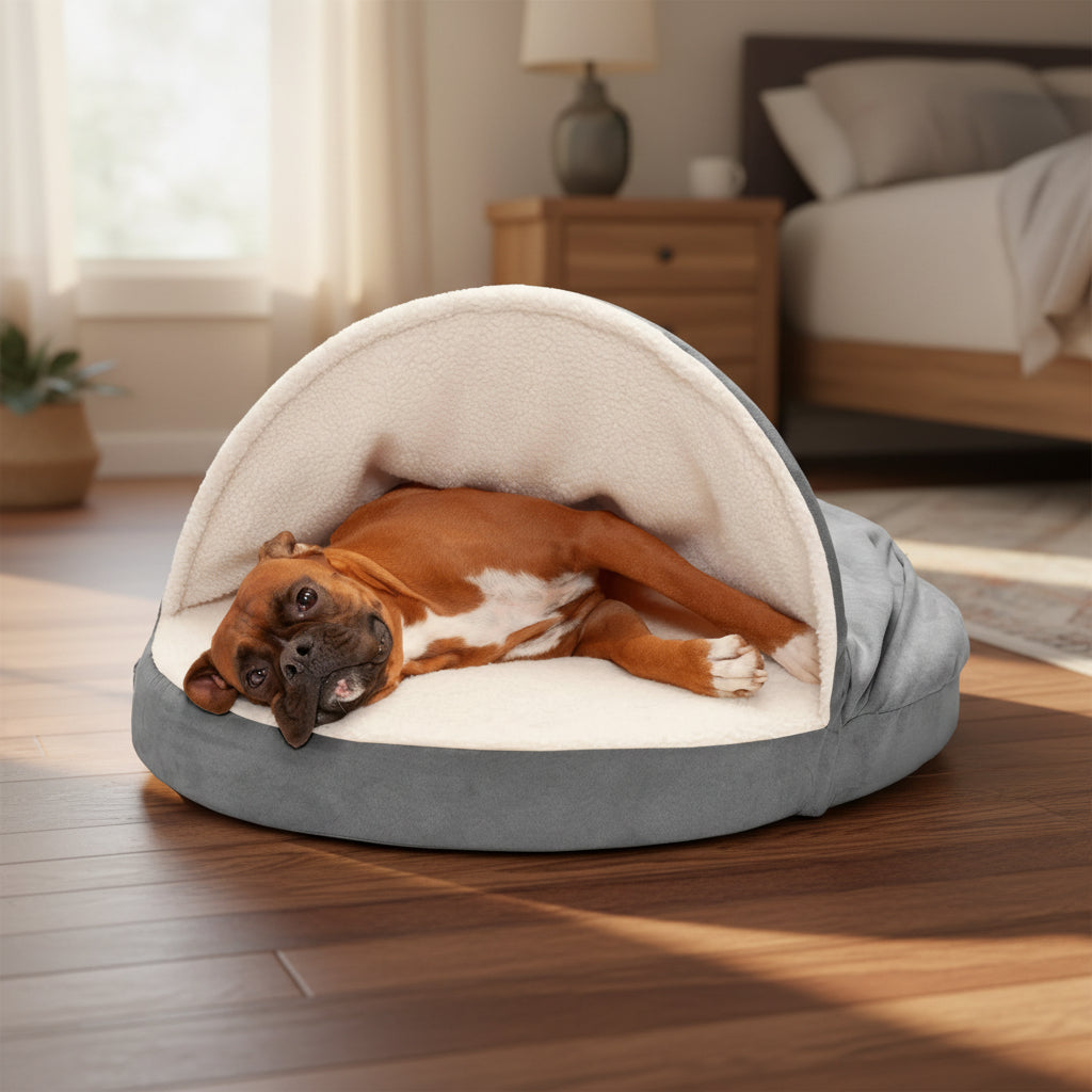 Dog lying in a gray and beige pet bed with FurHaven Pet Products packaging in the background.