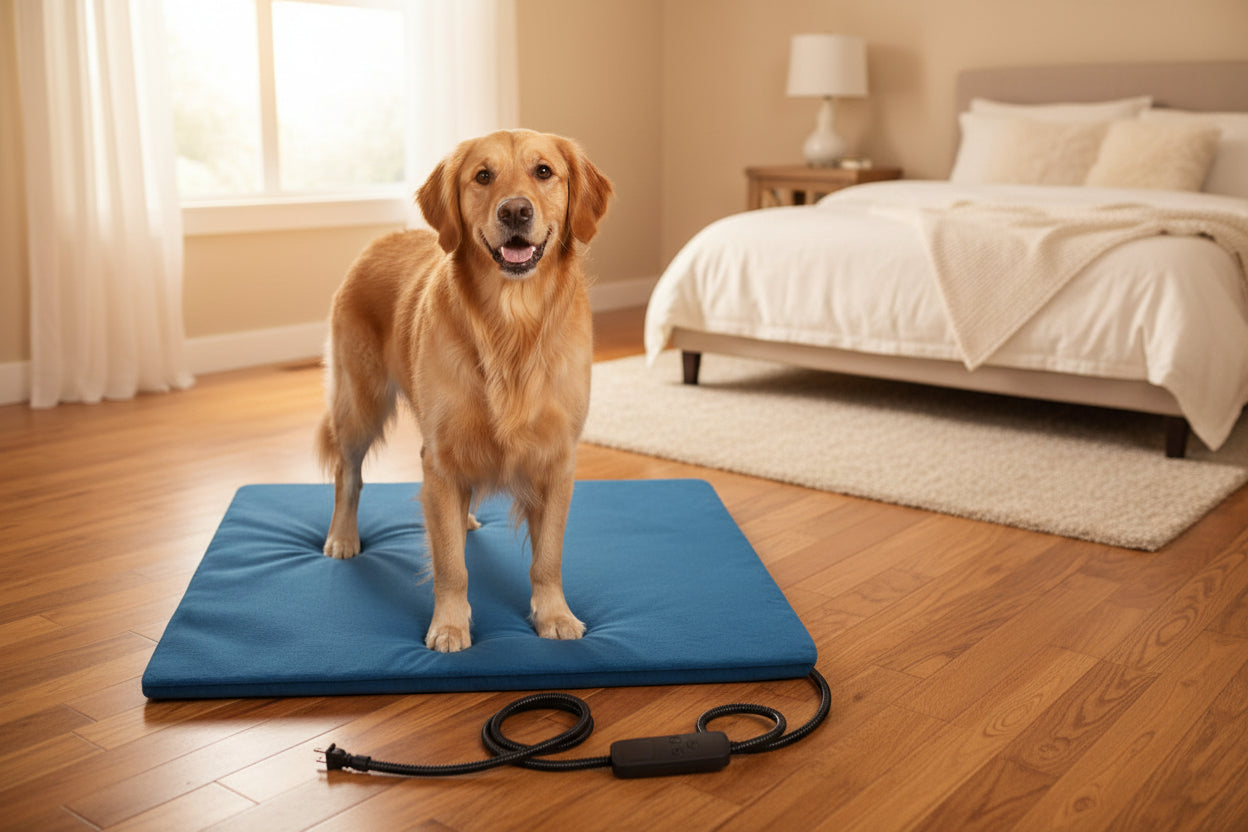 dog standing on a blue heating pad with a power cord on a white background