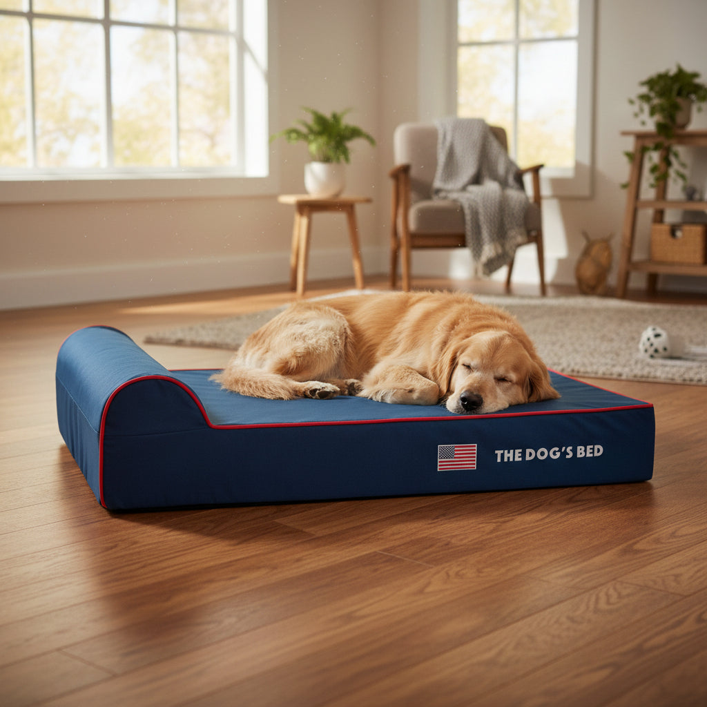 Blue pet bed with red trim and 'The Dog's Bed' branding on a white background