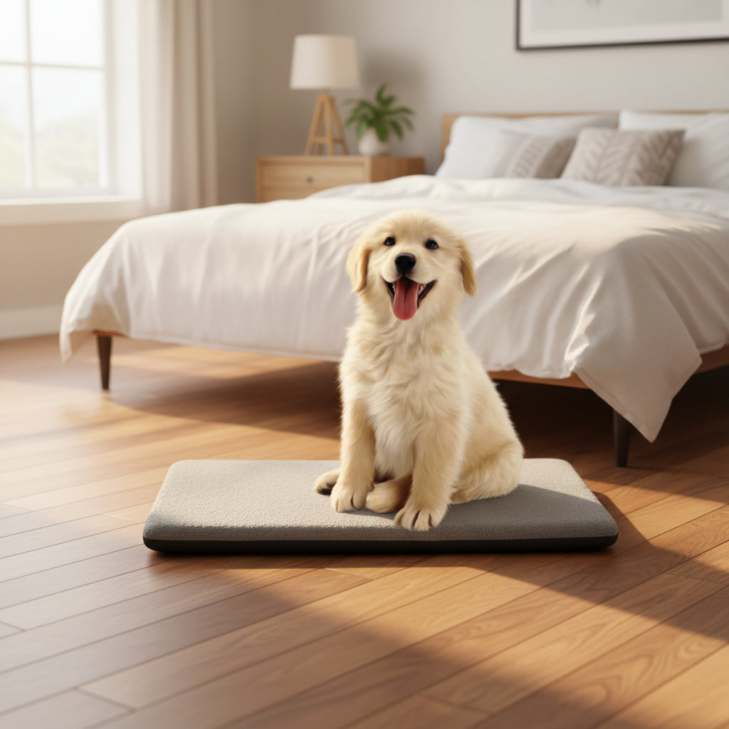 Orthopedic dog crate pad for senior dogs on bedroom floor