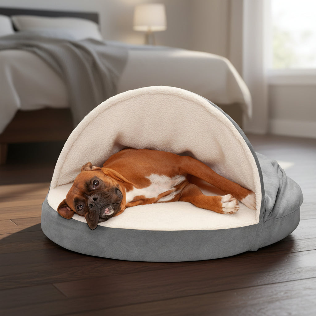 Dog lying in a gray and beige pet bed with FurHaven Pet Products packaging in the background.