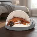Dog lying in a gray and beige pet bed with FurHaven Pet Products packaging in the background.